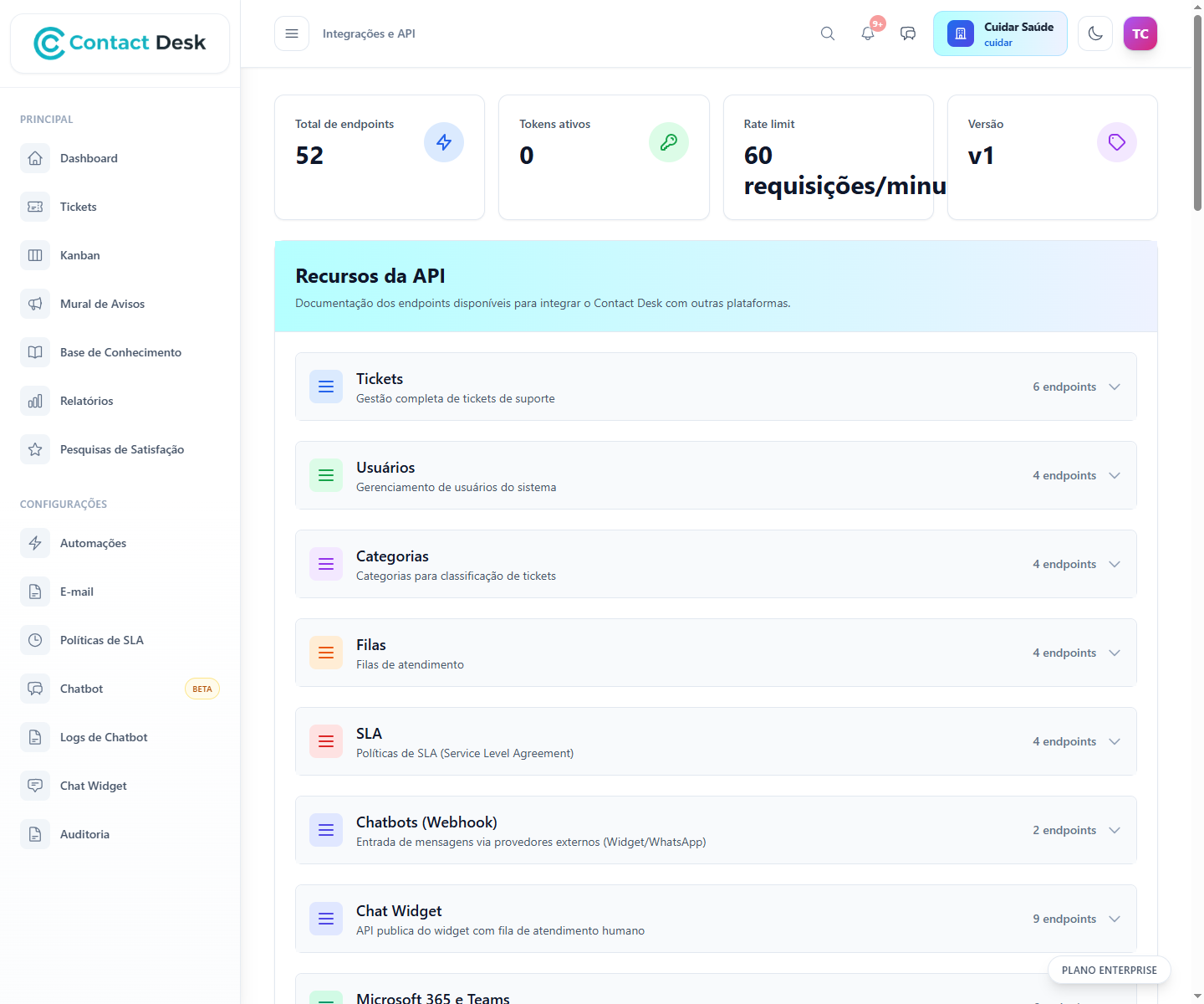 Como funciona o menu de Integracoes e API do Contact Desk
