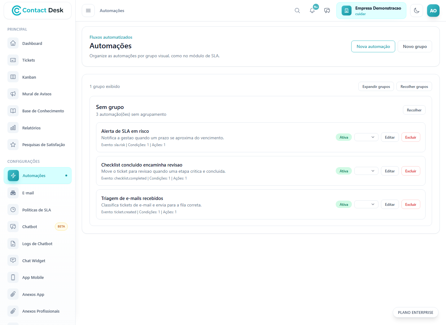 Exemplo visual do Contact Desk para Checklists operacionais